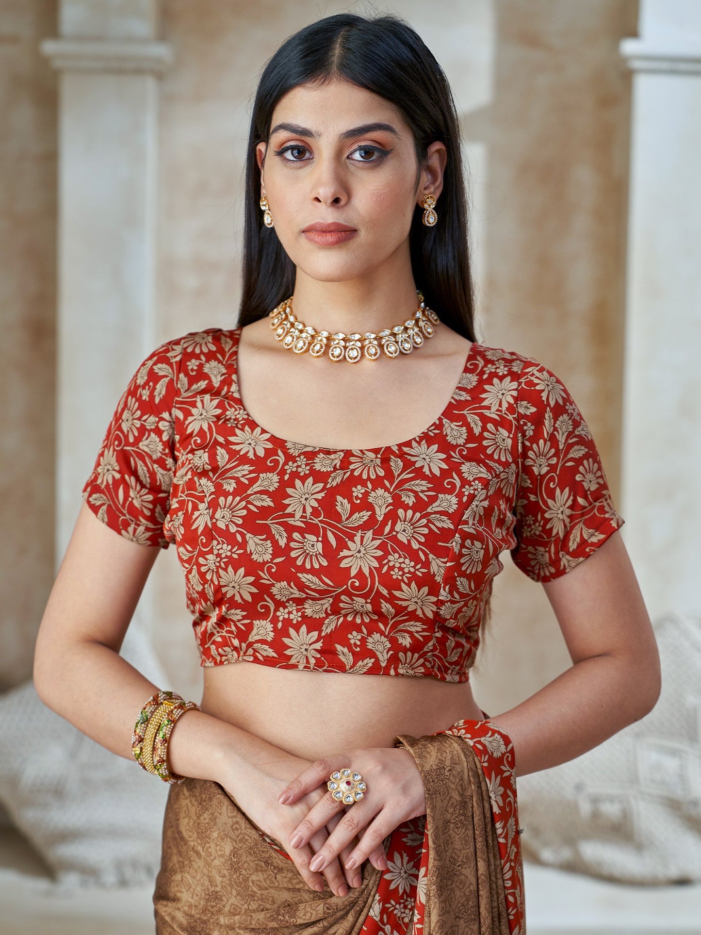 Brown Bagru Crepe Printed Saree