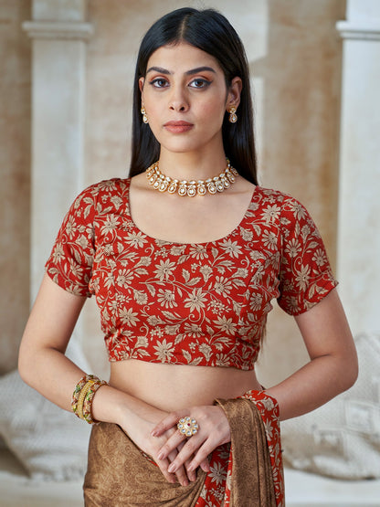 Brown Bagru Crepe Printed Saree