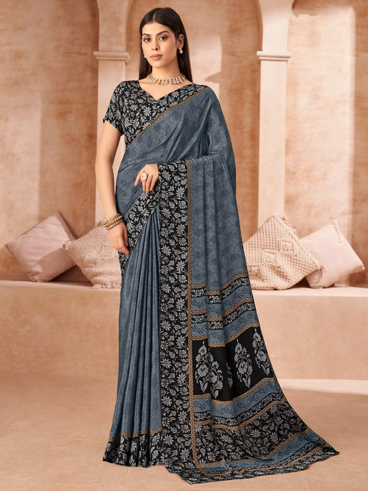 Grey Charcoal Bagru Crepe Printed Saree