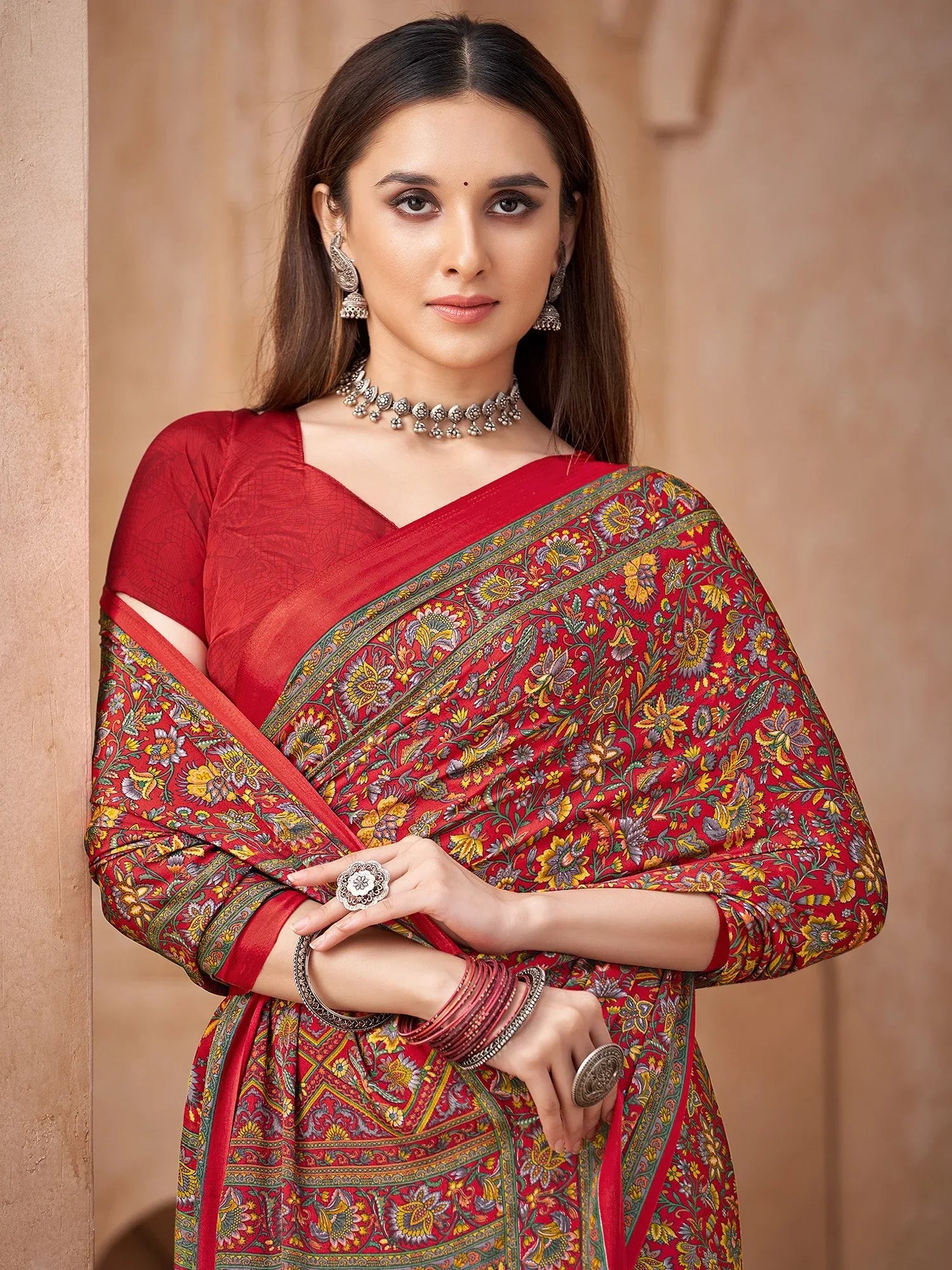 Red Red Bagru Crepe Printed Saree