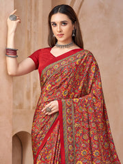 Red Bagru Crepe Printed Saree