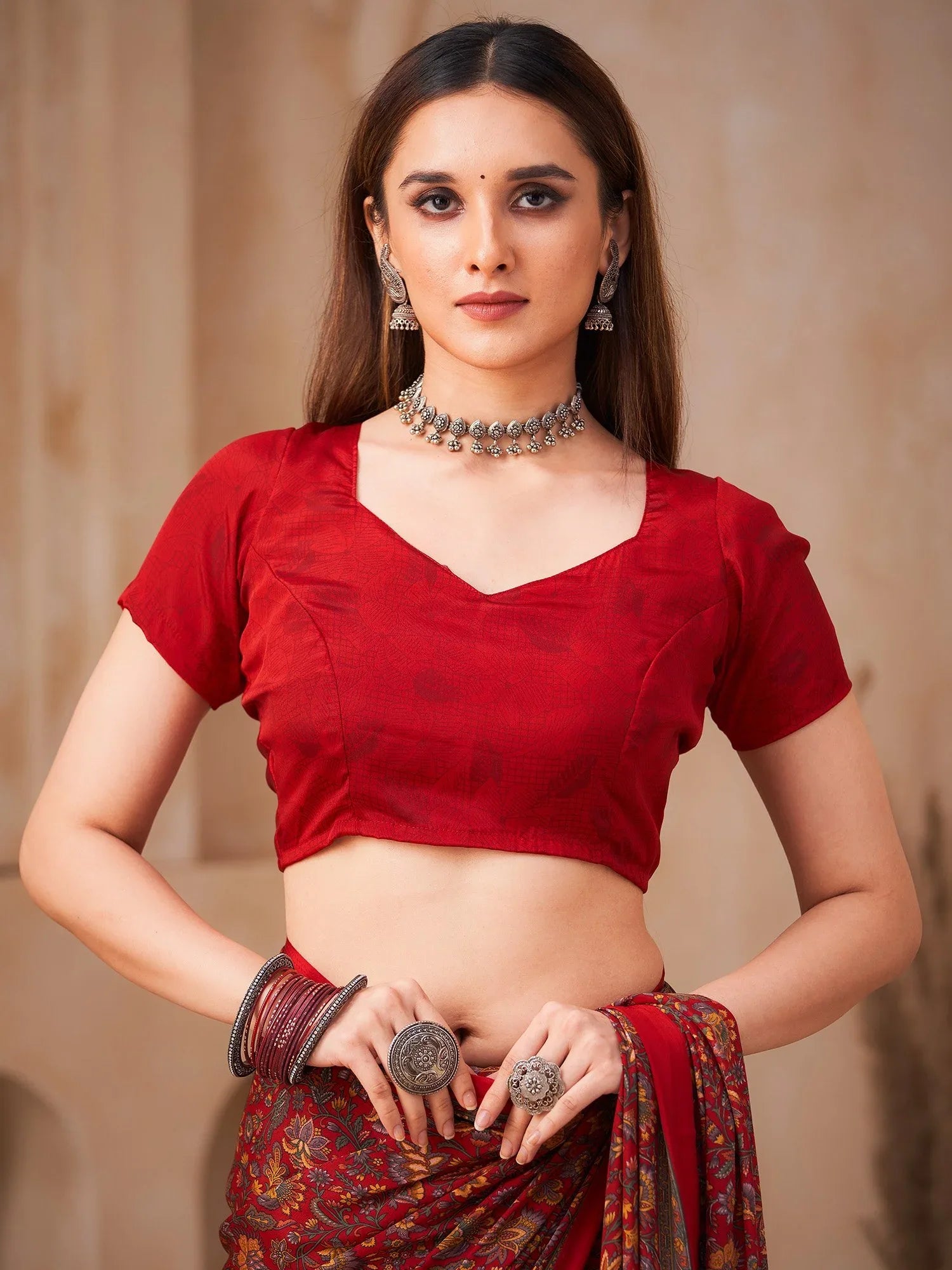 Red Bagru Crepe Printed Saree