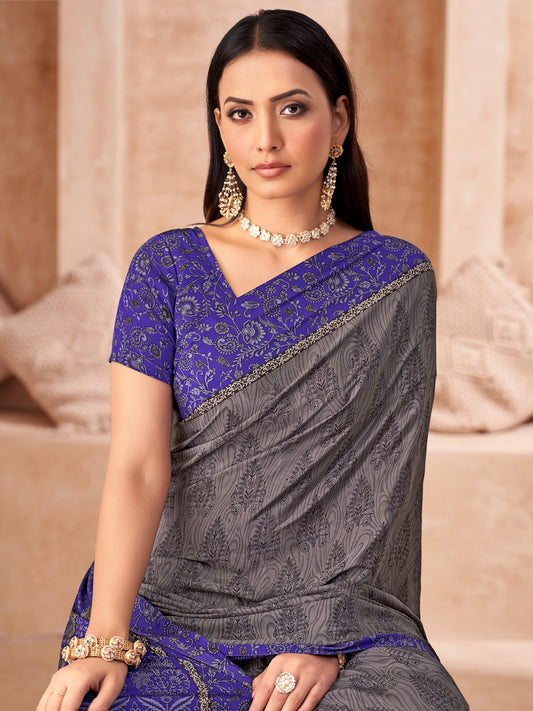 Grey Grey Bagru Crepe Printed Saree