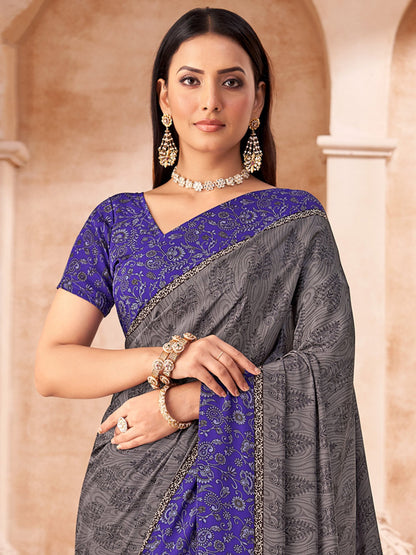 Grey Bagru Crepe Printed Saree
