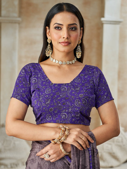 Grey Bagru Crepe Printed Saree