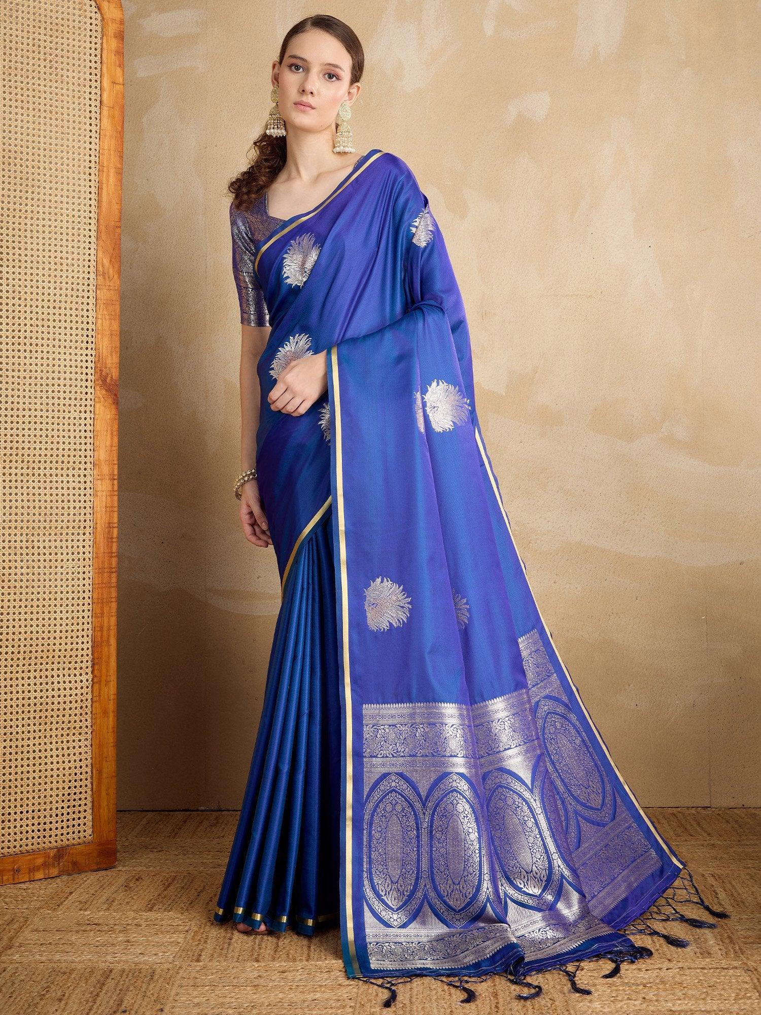 Blue Dark Banarasi Satin Silk Woven Saree