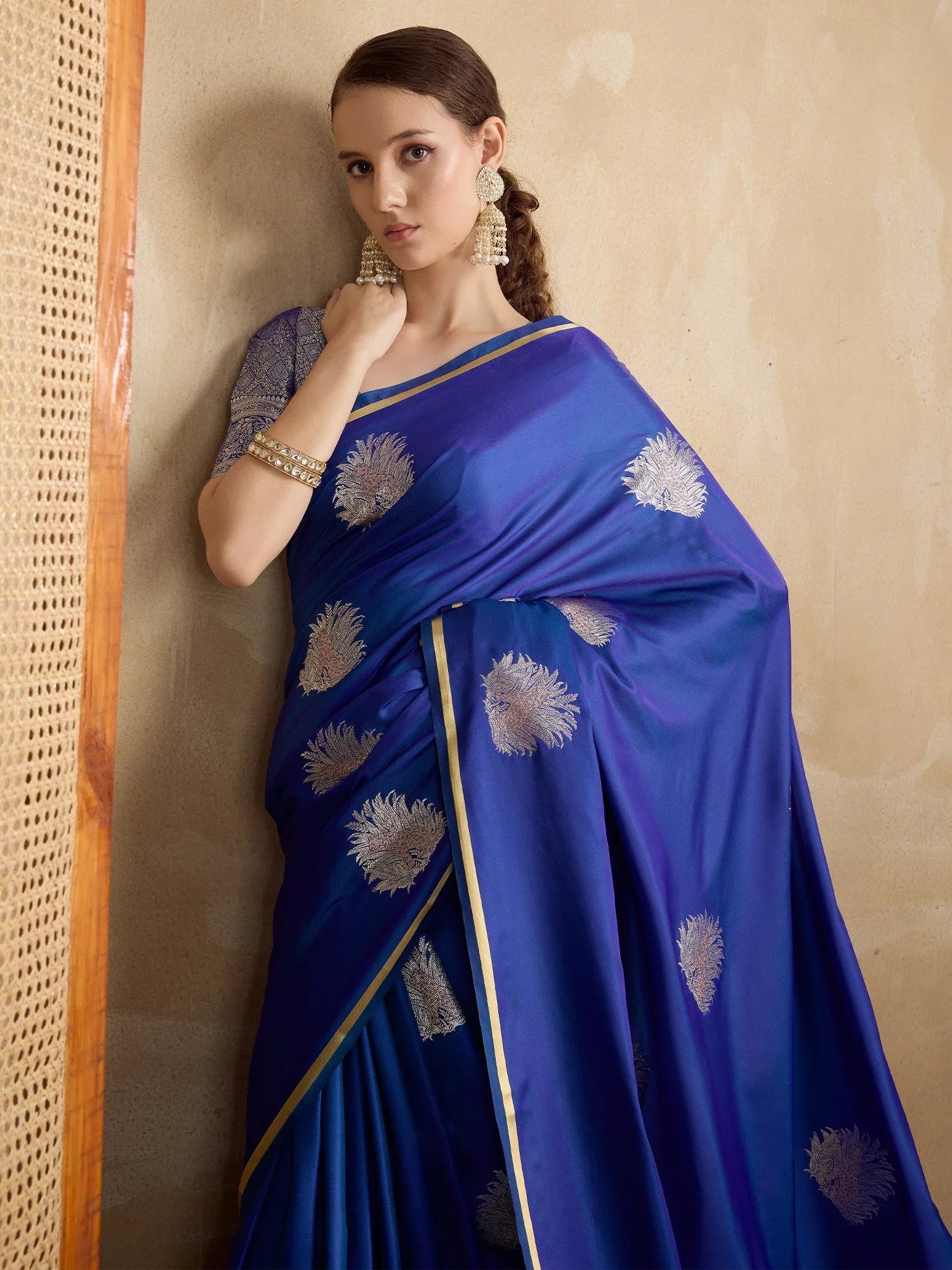 Dark Blue Banarasi Satin Silk Woven Saree