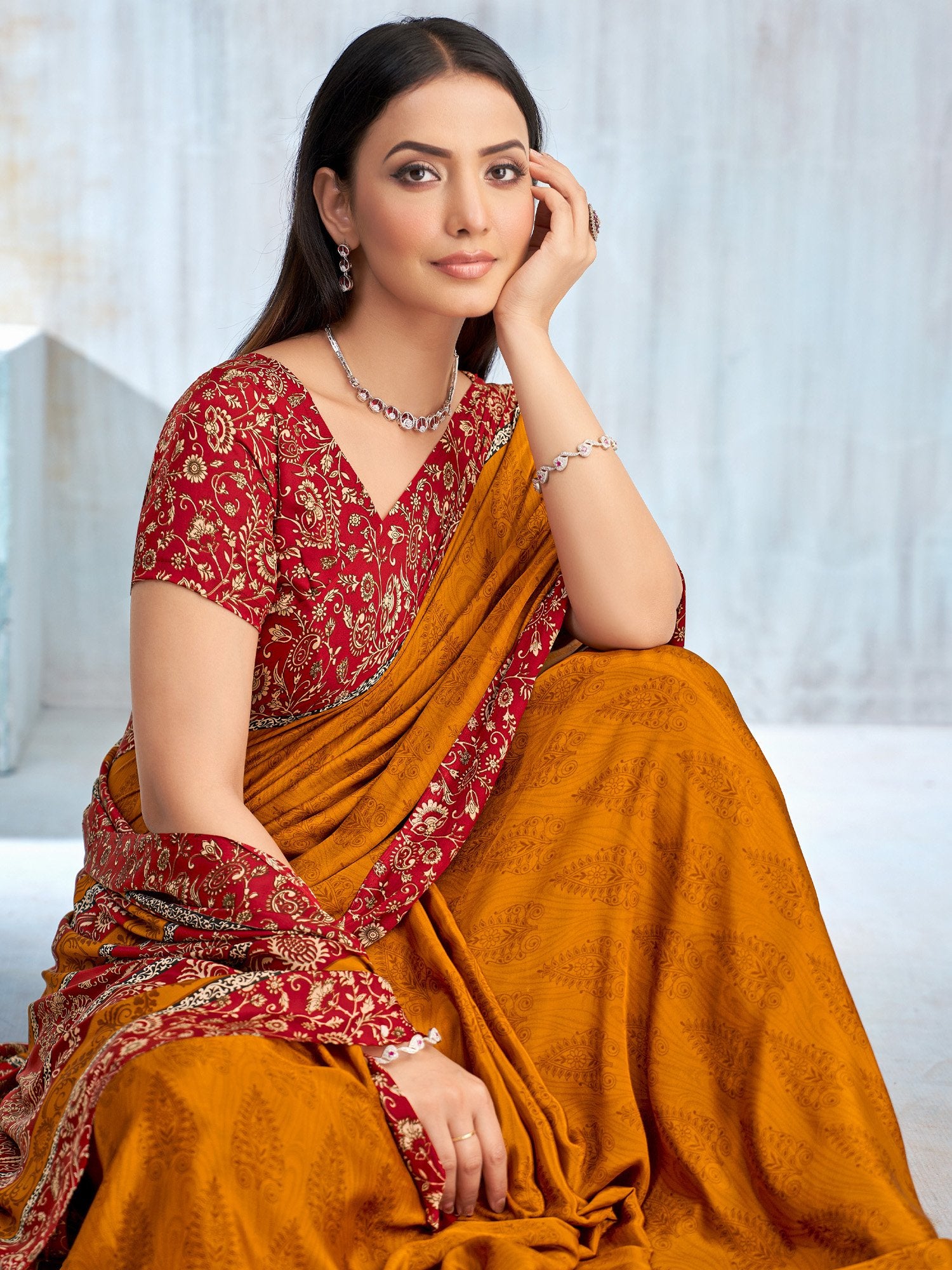 Yellow Mustard Bagru Crepe Printed Saree