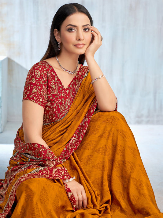 Yellow Mustard Bagru Crepe Printed Saree