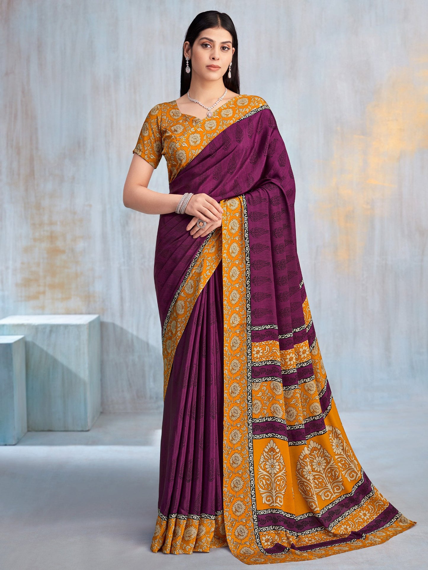 Magenta Bagru Crepe Printed Saree