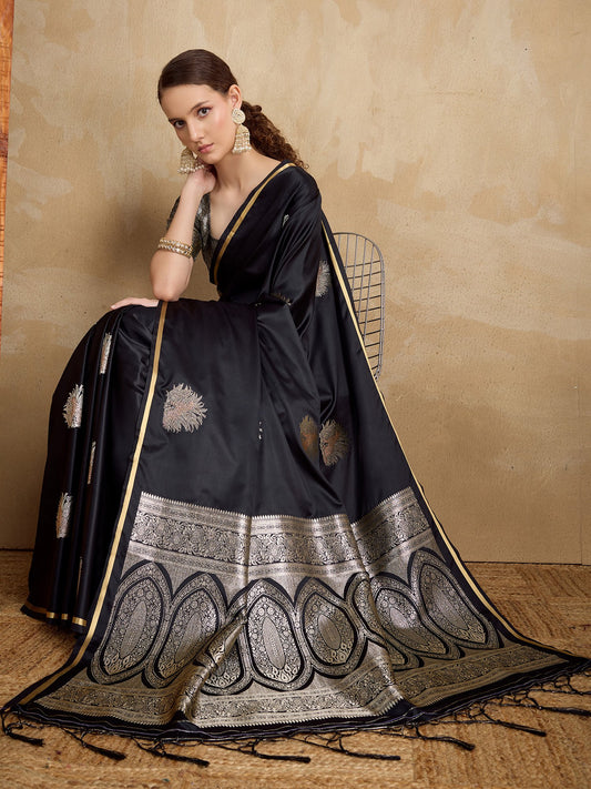 Black Black Banarasi Satin Silk Woven Saree