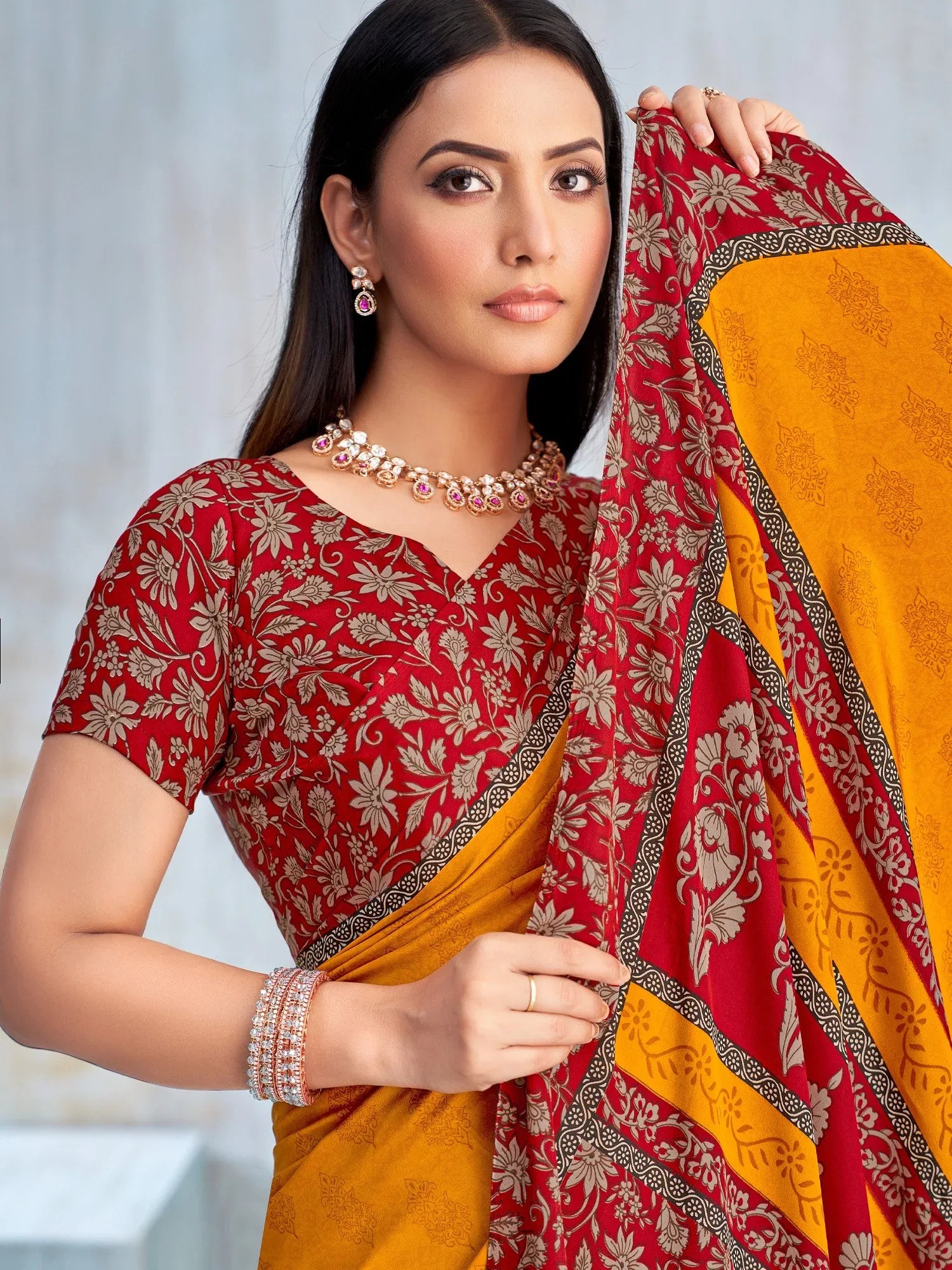 Yellow Yellow Bagru Crepe Printed Saree