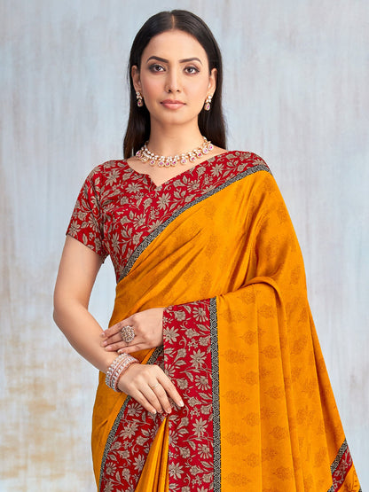 Yellow Bagru Crepe Printed Saree