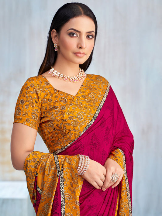 Pink Pink Bagru Crepe Printed Saree