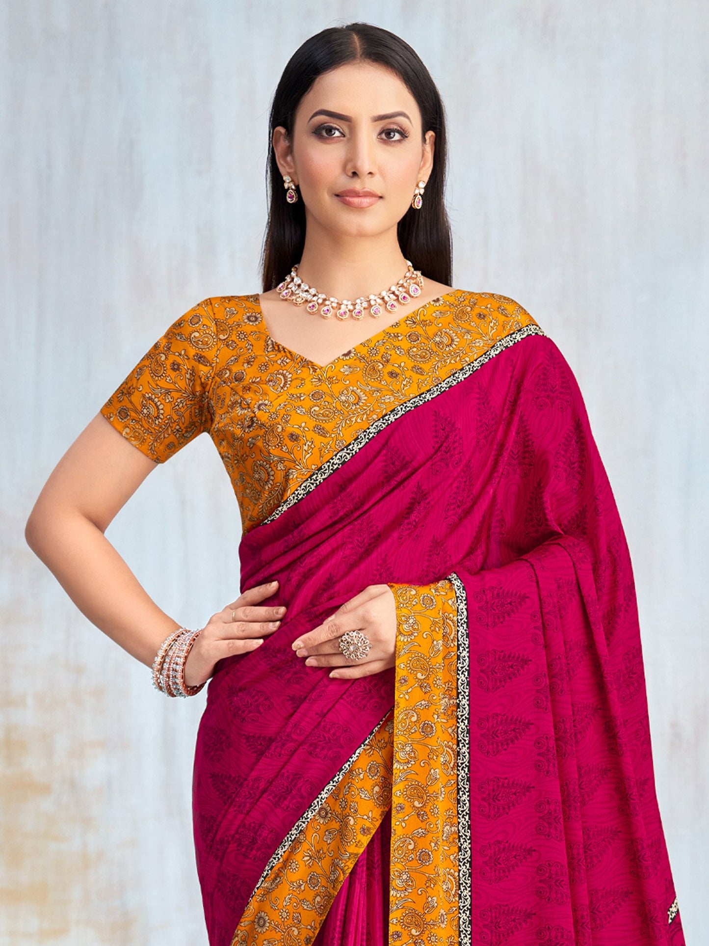 Pink Bagru Crepe Printed Saree