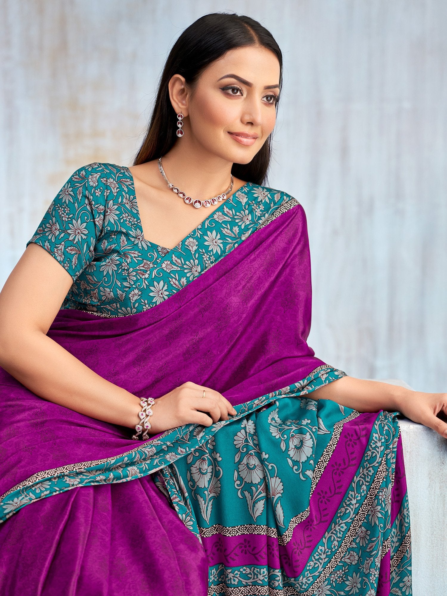 Purple Pink Bagru Crepe Printed Saree