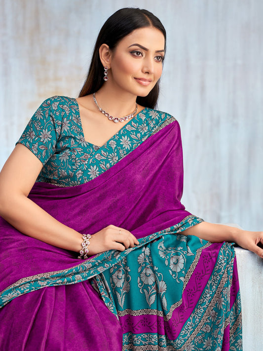 Purple Pink Bagru Crepe Printed Saree