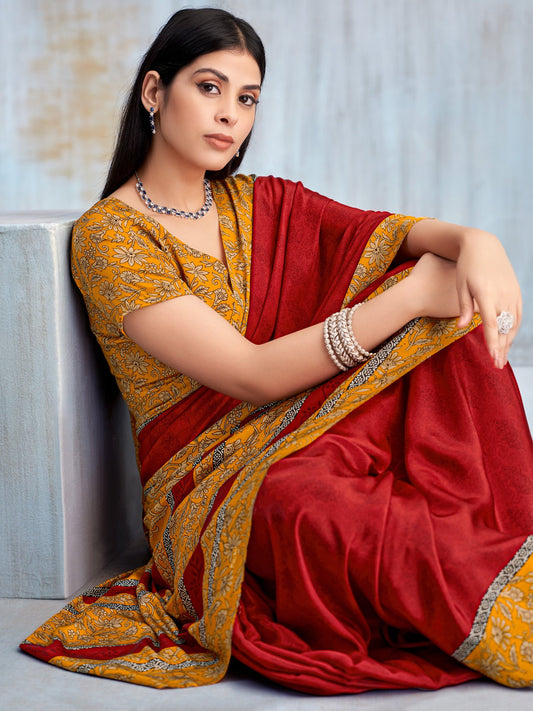 Red Red Bagru Crepe Printed Saree