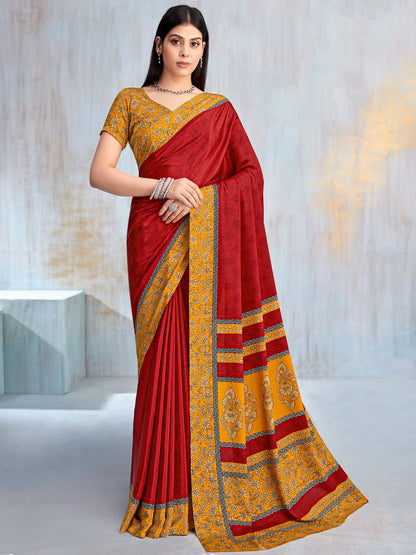 Red Bagru Crepe Printed Saree