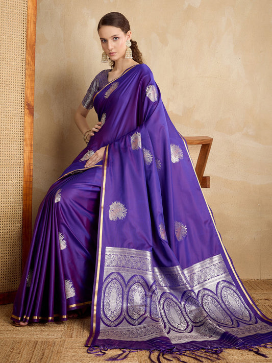 Purple Purple Banarasi Satin Silk Woven Saree
