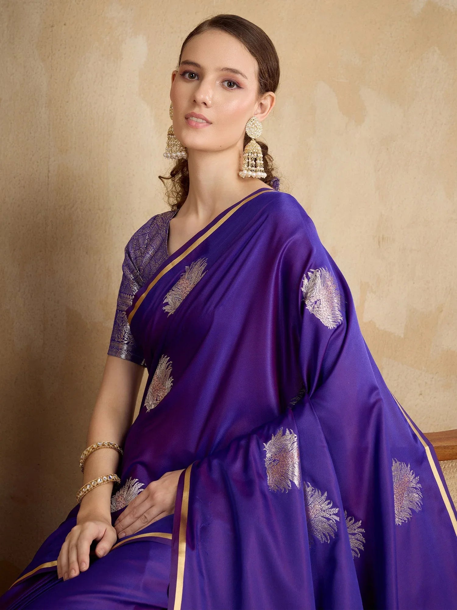 Purple Banarasi Satin Silk Woven Saree