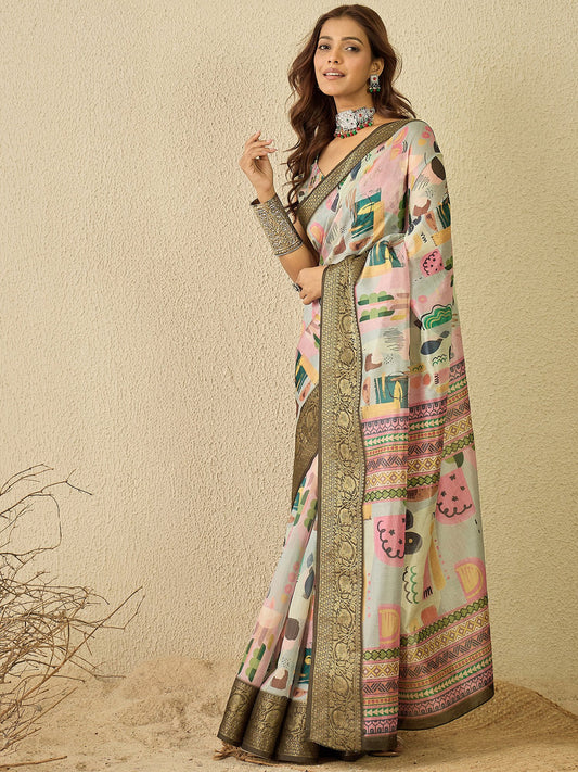 Multicolor Multicolored Sungudi Organza Digital Print Saree