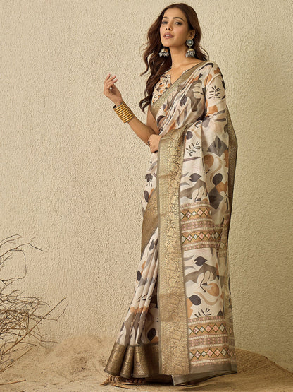Cream Sungudi Organza Digital Print Saree