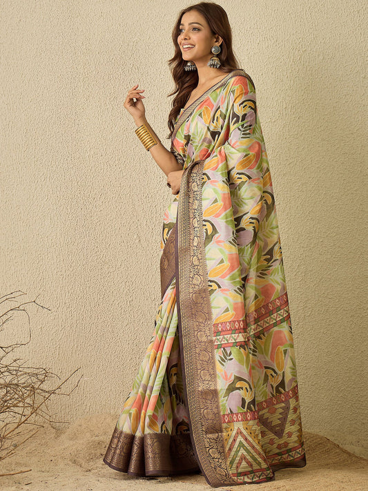 Multicolor Multicolored Sungudi Organza Digital Print Saree