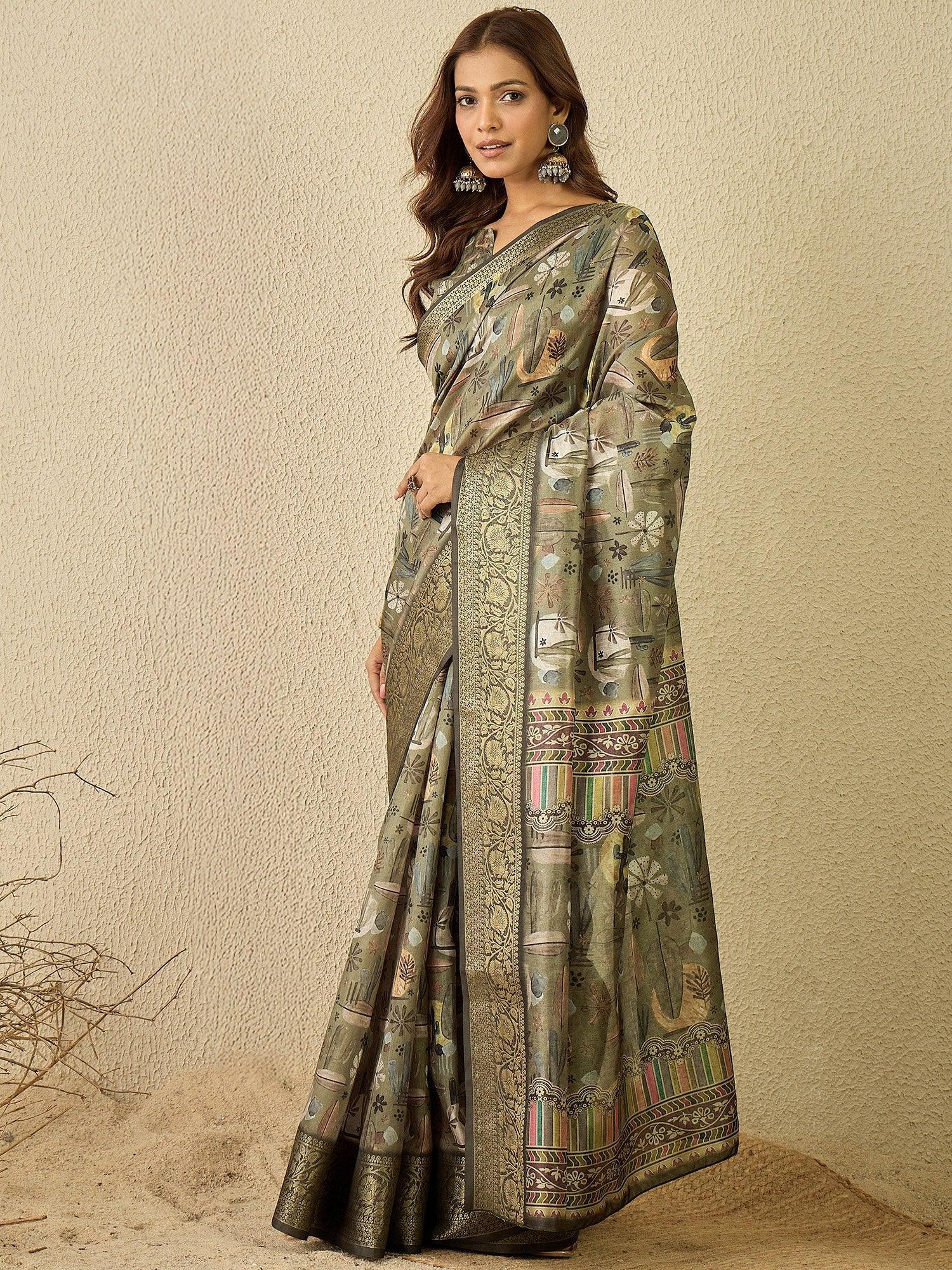 Olive Sungudi Organza Digital Print Saree