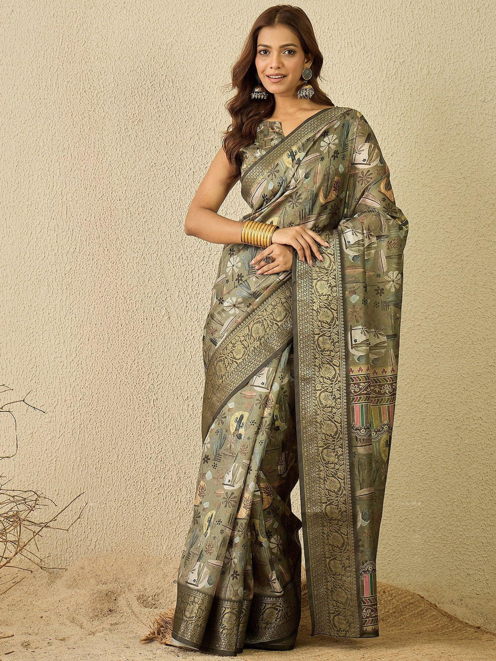 Green Olive Sungudi Organza Digital Print Saree
