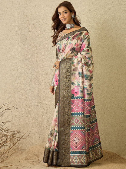 Cream Sungudi Organza Digital Print Saree