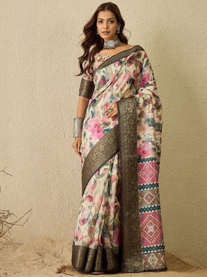 Cream Cream Sungudi Organza Digital Print Saree