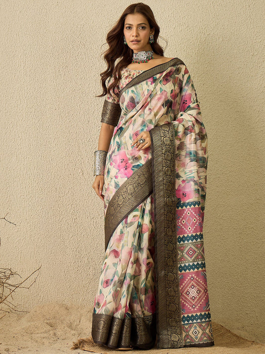 Cream Cream Sungudi Organza Digital Print Saree