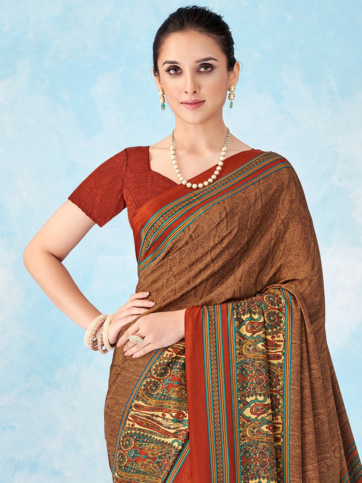 Beige Bagru Crepe Printed Saree