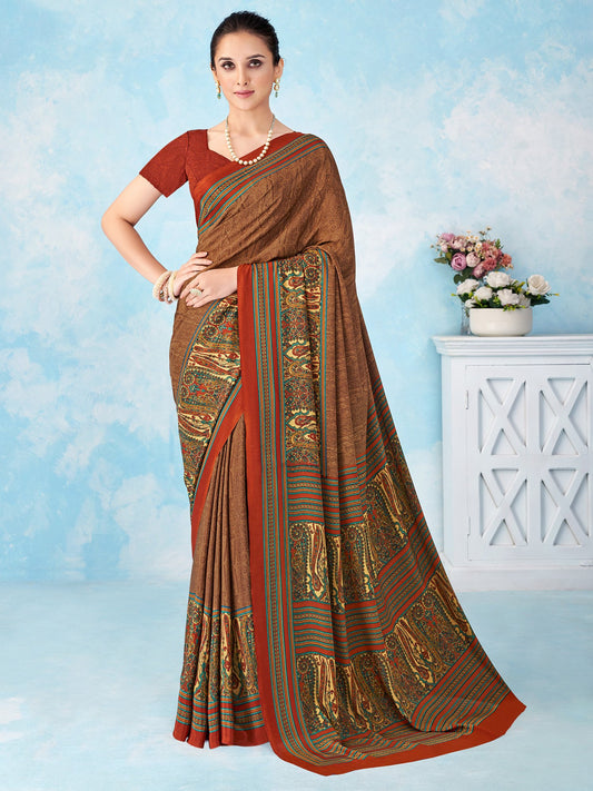 Brown Beige Bagru Crepe Printed Saree