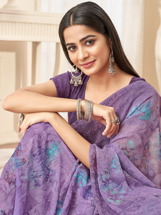 Purple Violet Bagru Georgette Printed Saree