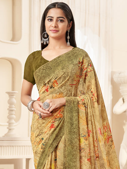 Yellow Bagru Georgette Printed Saree