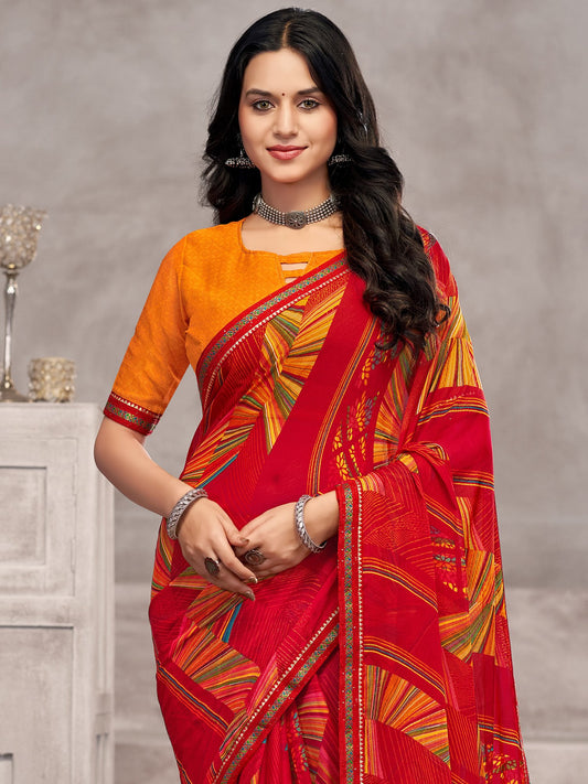 Red Red Party Wear Chiffon Printed Saree
