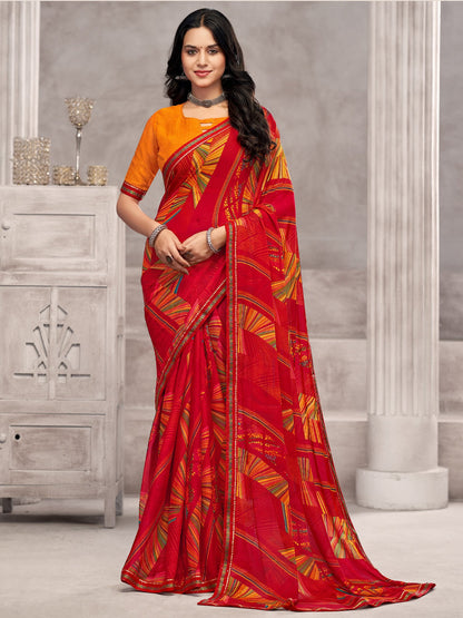 Red Party Wear Chiffon Printed Saree