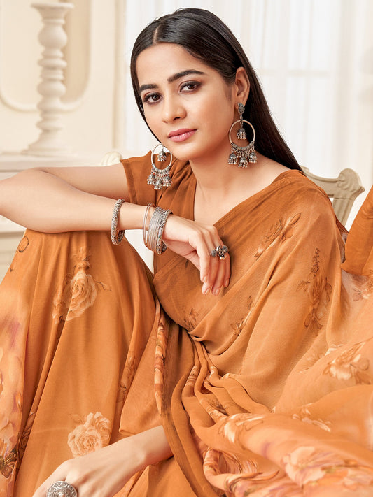 Brown Camel Bagru Georgette Printed Saree