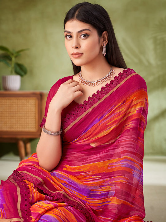 Pink Pink Party Wear Chiffon Printed Saree