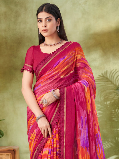 Pink Party Wear Chiffon Printed Saree