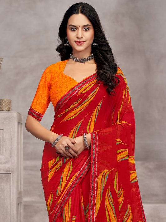 Red Red Party Wear Chiffon Printed Saree