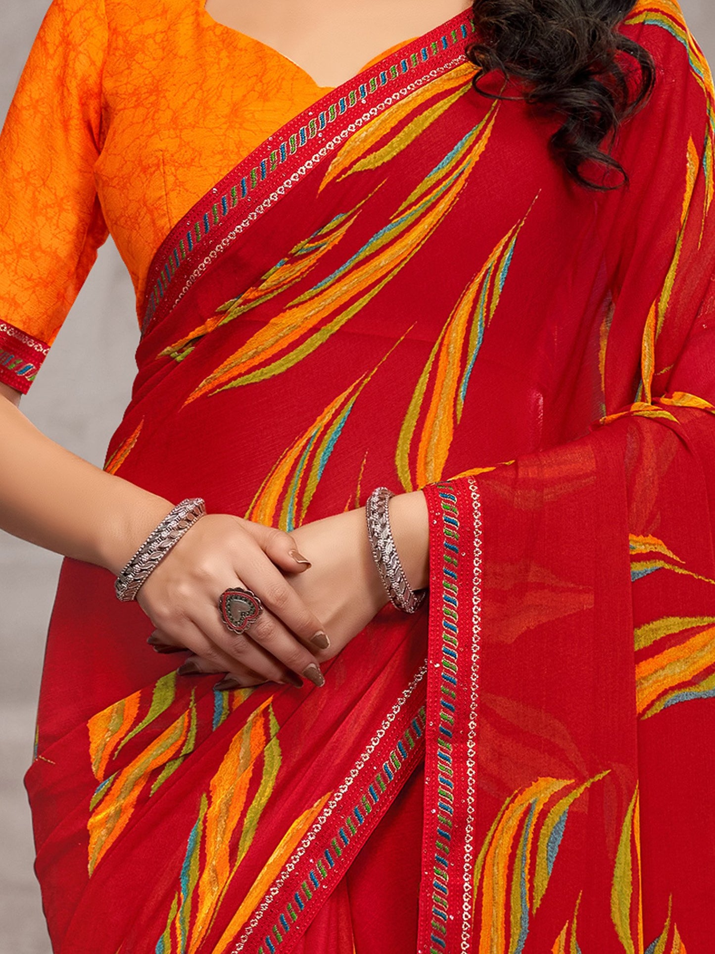 Red Party Wear Chiffon Printed Saree