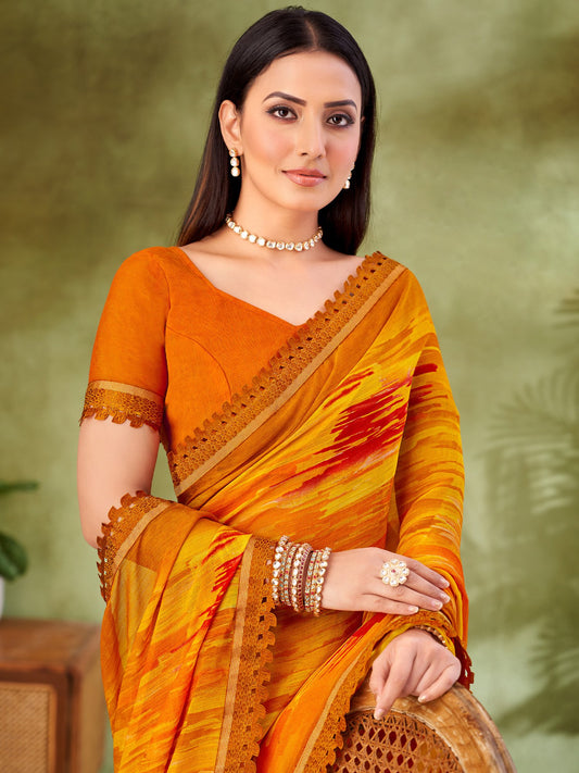 Yellow Yellow Party Wear Chiffon Printed Saree