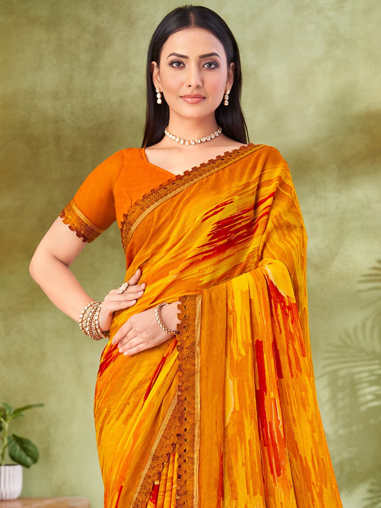 Yellow Party Wear Chiffon Printed Saree
