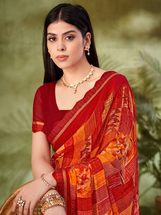 Red Red Party Wear Chiffon Printed Saree