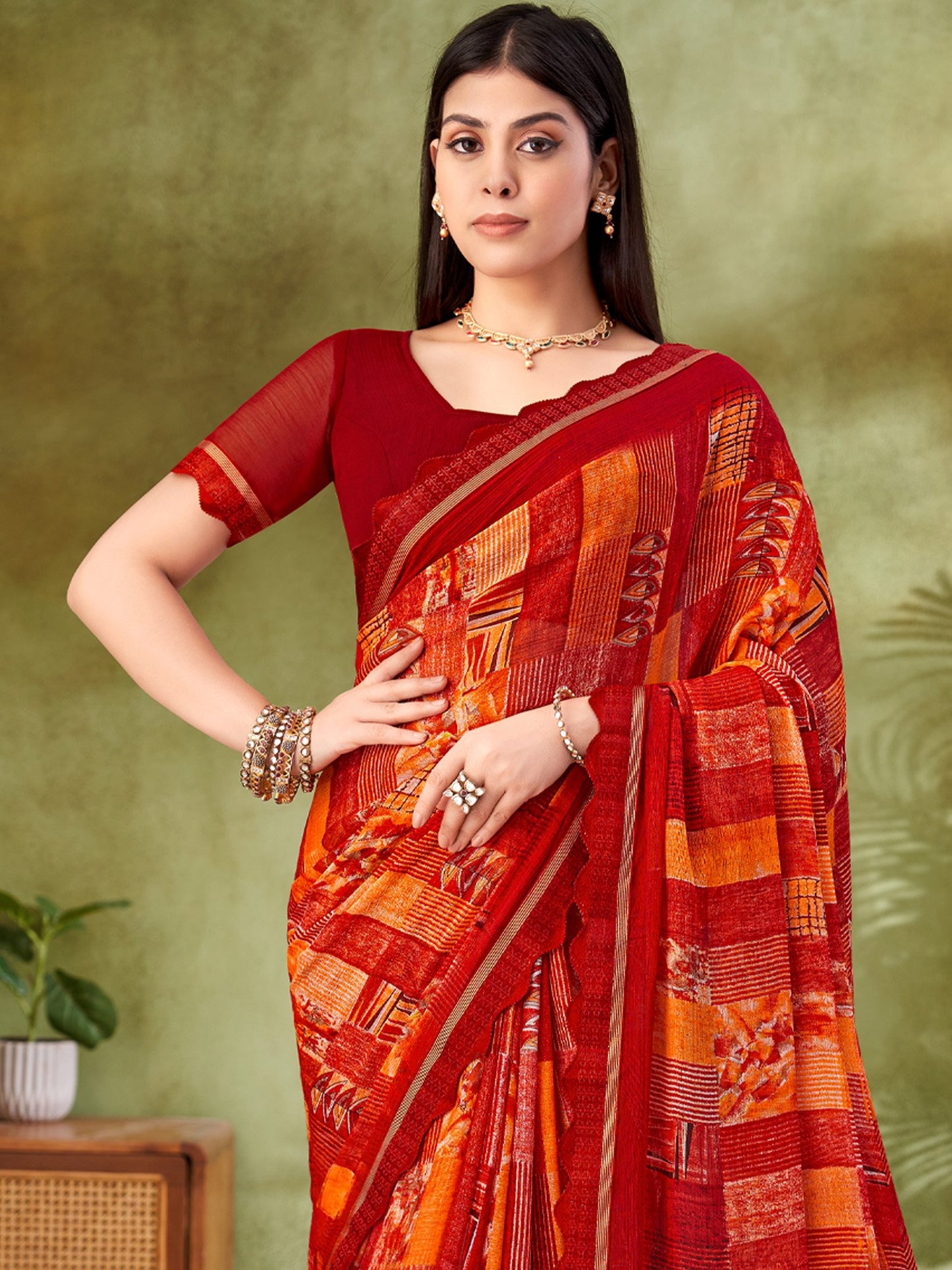 Red Party Wear Chiffon Printed Saree