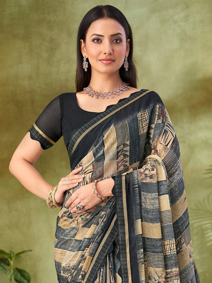 Charcoal Party Wear Chiffon Printed Saree