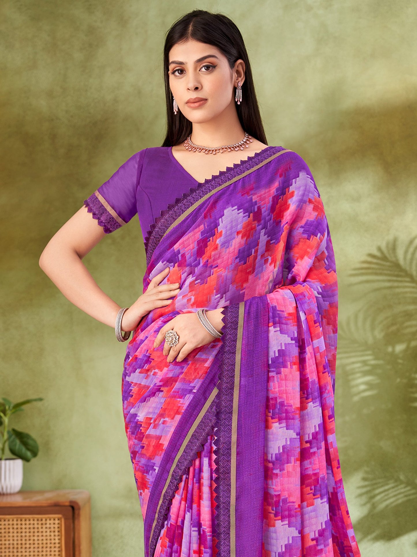 Purple Party Wear Chiffon Printed Saree